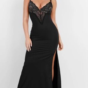 Black Popilush Shapewear Lace V Neck Side Slit Slimming Maxi Slip Dress